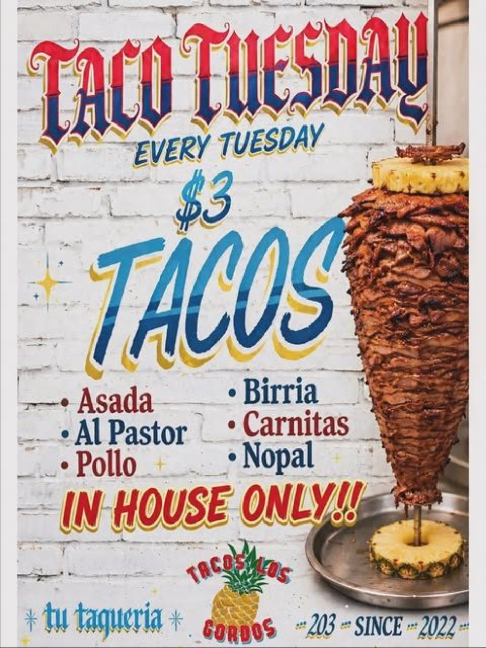 Taco Tuesday poster with the al pastor trompo